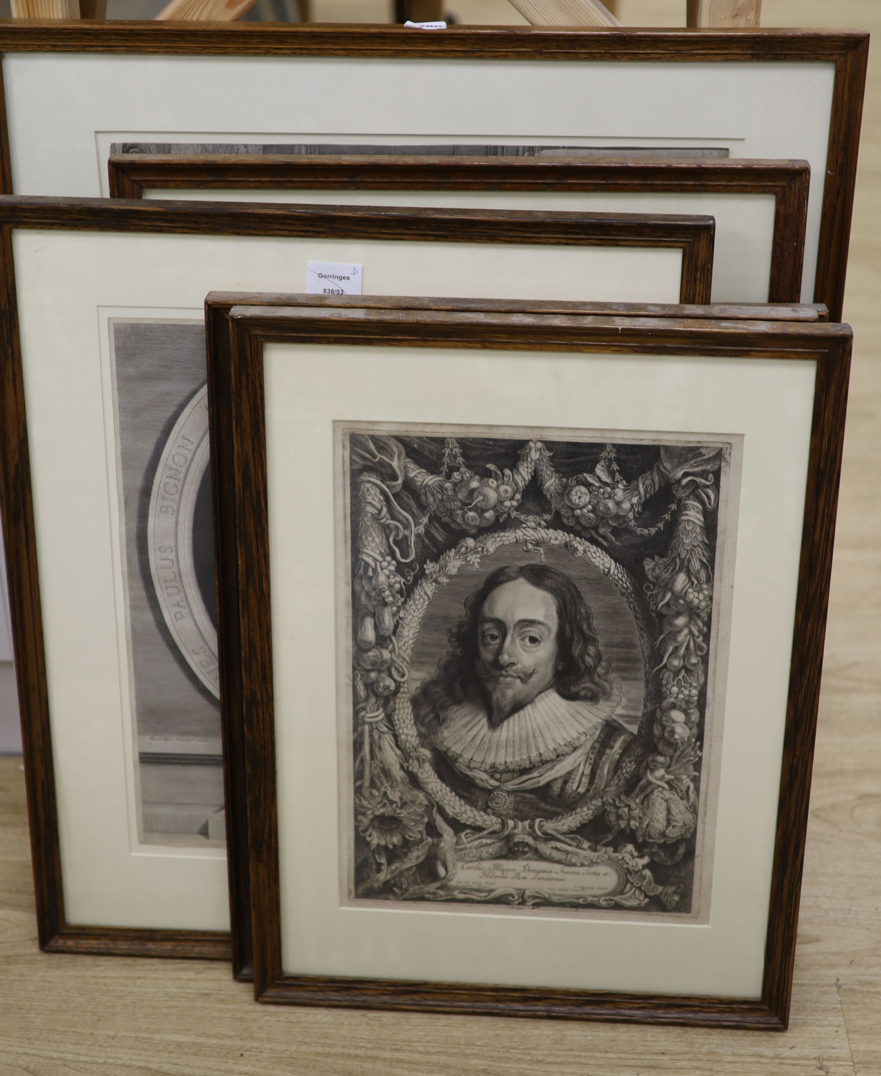 After Nanteuil, engraving, portrait of a seated cardinal, and six other assorted engravings, largest 48 x 57cm.